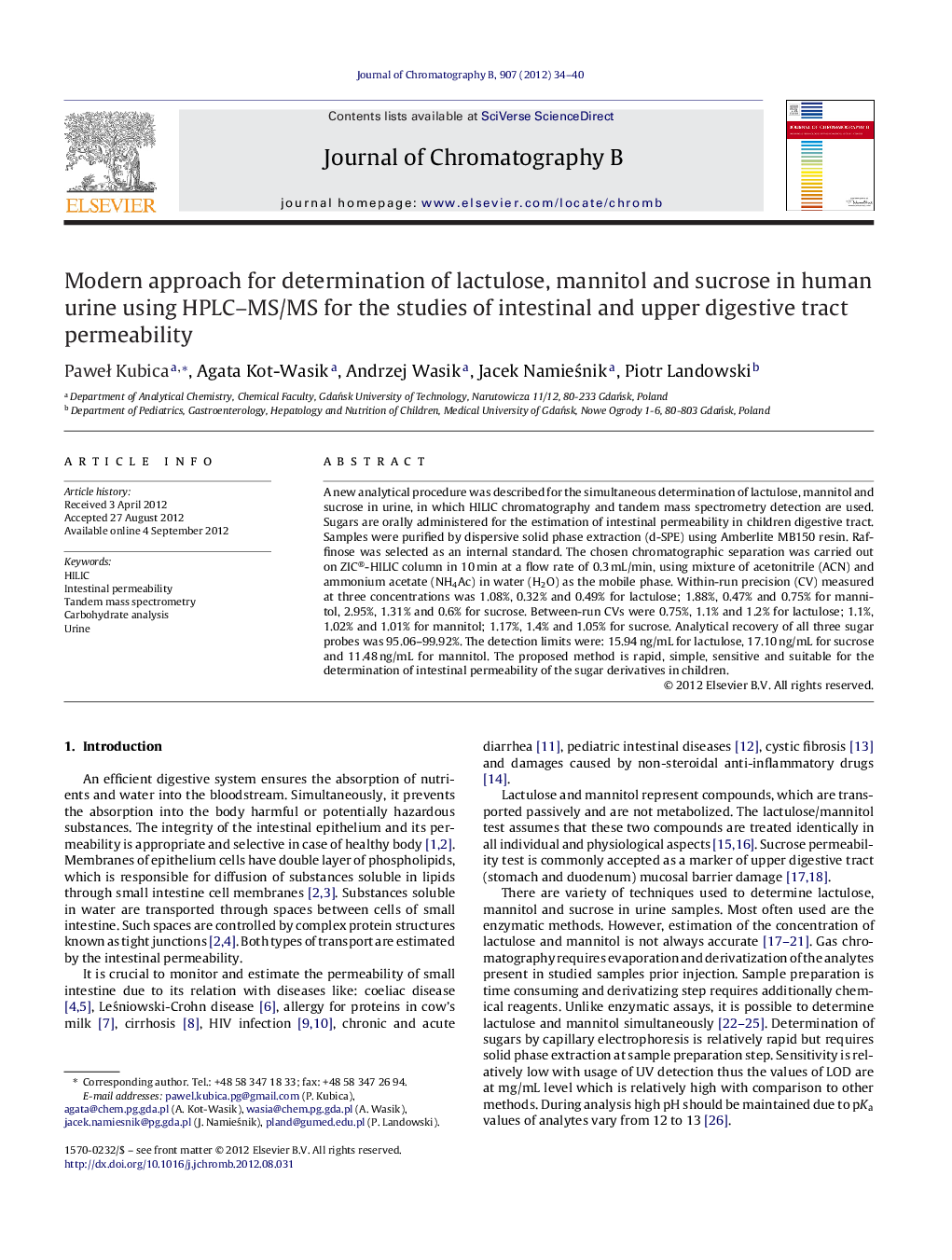 Modern approach for determination of lactulose, mannitol and sucrose in human urine using HPLC–MS/MS for the studies of intestinal and upper digestive tract permeability