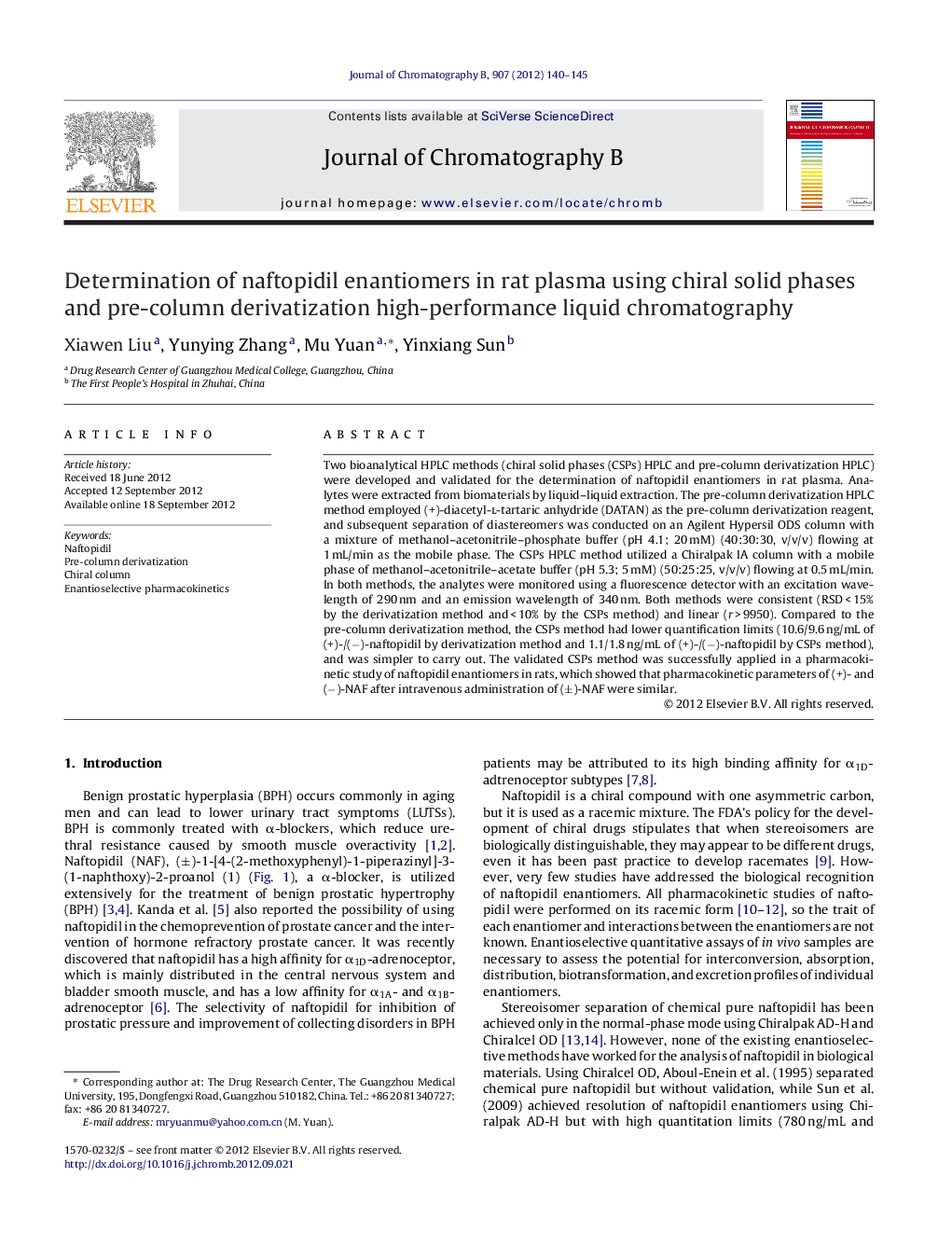 Determination of naftopidil enantiomers in rat plasma using chiral solid phases and pre-column derivatization high-performance liquid chromatography