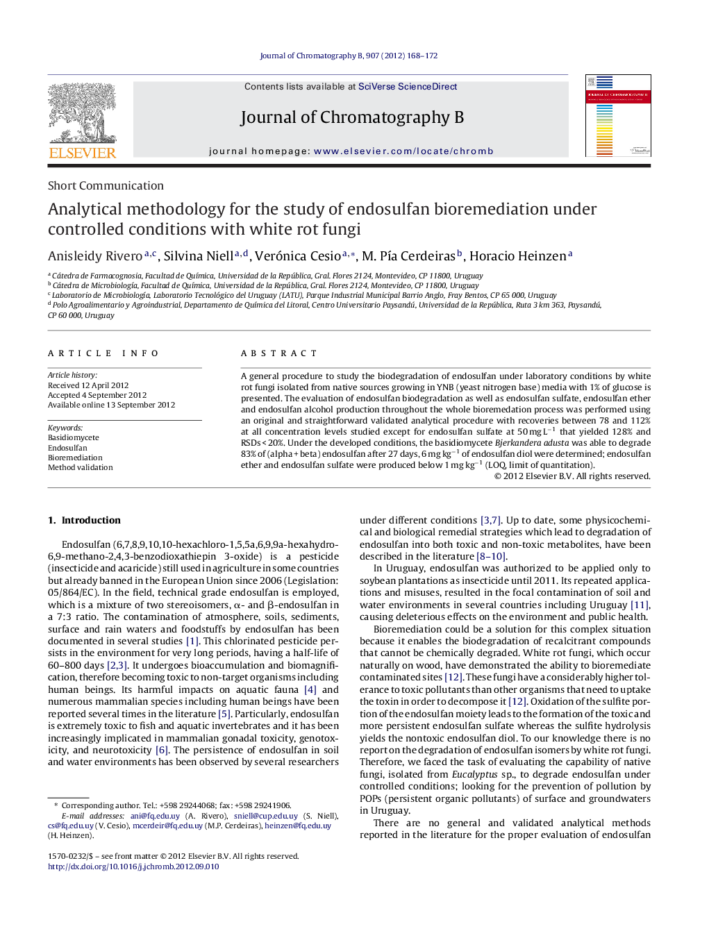 Analytical methodology for the study of endosulfan bioremediation under controlled conditions with white rot fungi