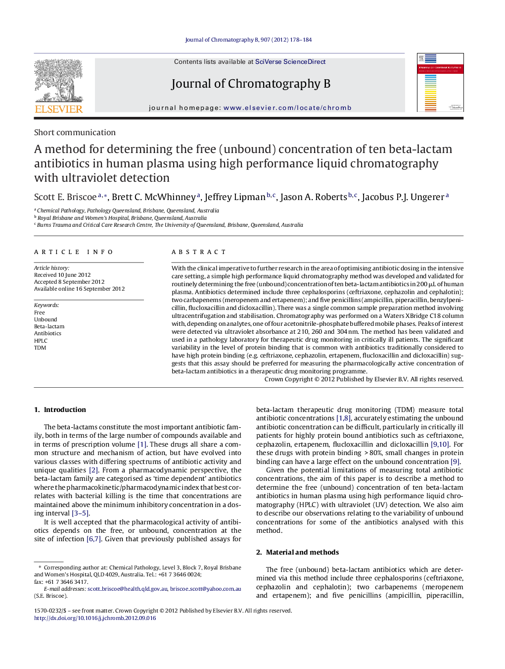 A method for determining the free (unbound) concentration of ten beta-lactam antibiotics in human plasma using high performance liquid chromatography with ultraviolet detection