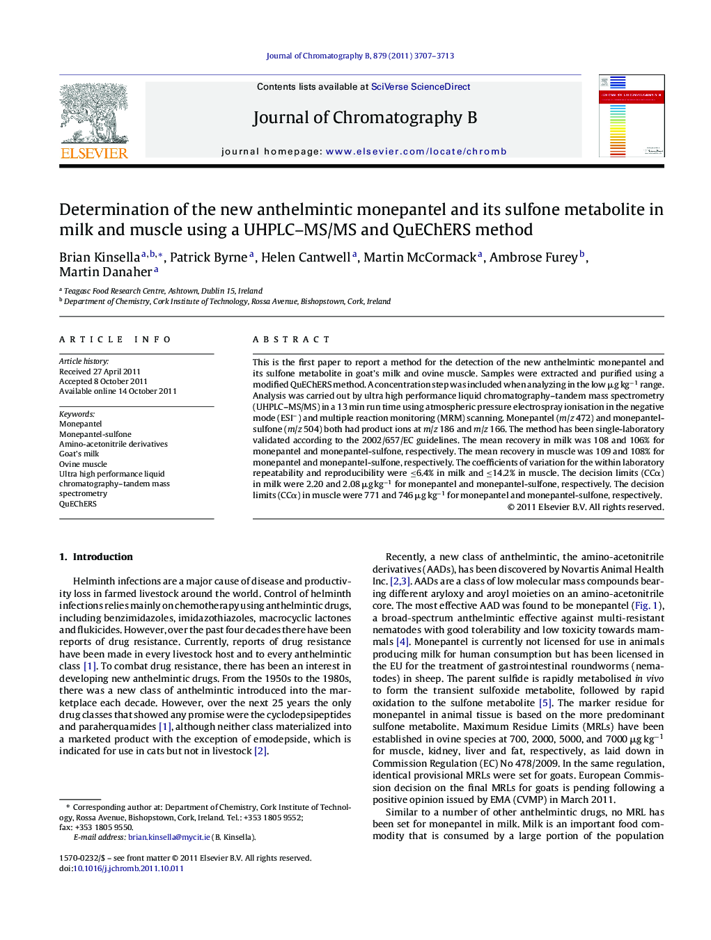 Determination of the new anthelmintic monepantel and its sulfone metabolite in milk and muscle using a UHPLC–MS/MS and QuEChERS method