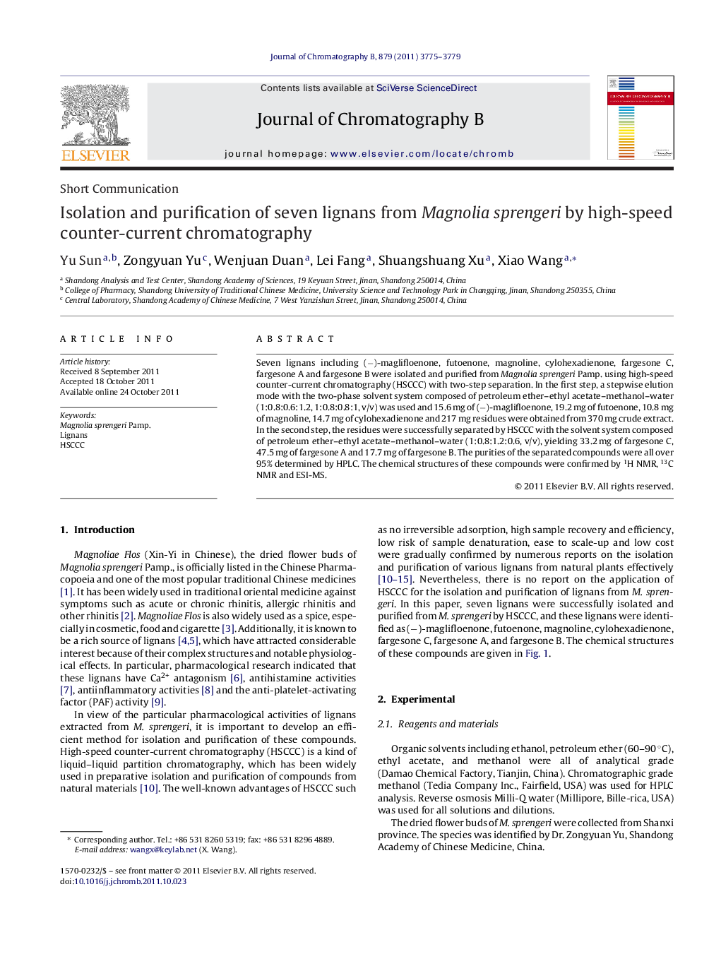 Isolation and purification of seven lignans from Magnolia sprengeri by high-speed counter-current chromatography