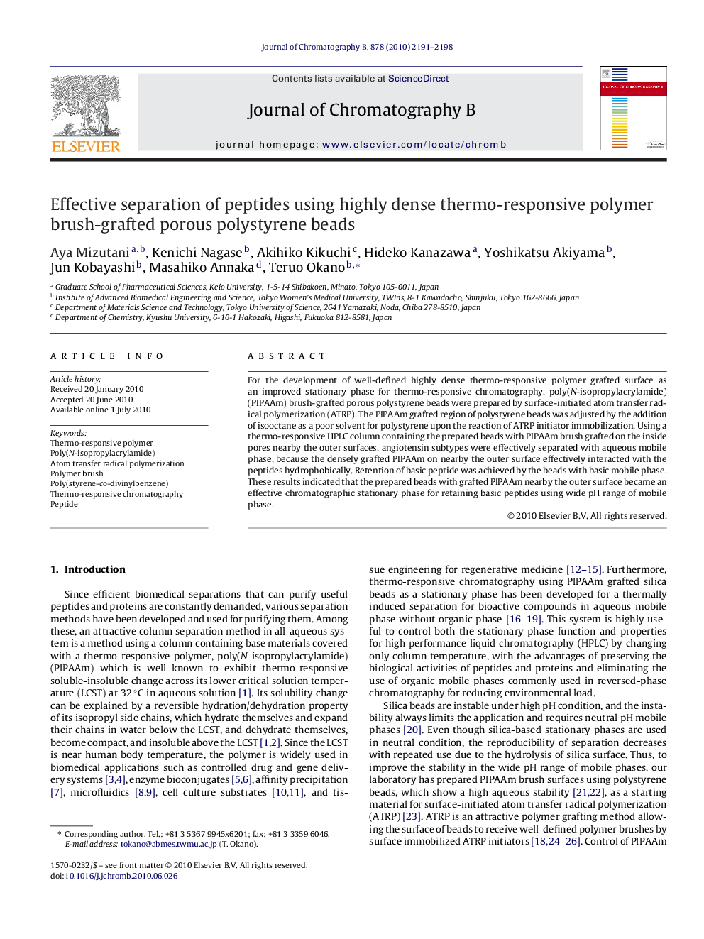 Effective separation of peptides using highly dense thermo-responsive polymer brush-grafted porous polystyrene beads