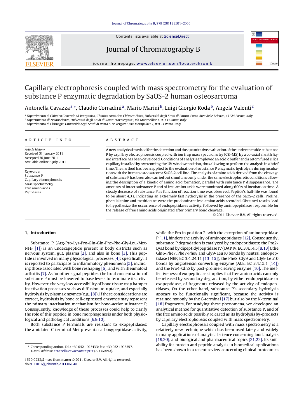 Capillary electrophoresis coupled with mass spectrometry for the evaluation of substance P enzymatic degradation by SaOS-2 human osteosarcoma