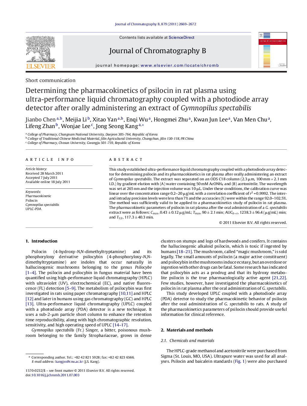 Determining the pharmacokinetics of psilocin in rat plasma using ultra-performance liquid chromatography coupled with a photodiode array detector after orally administering an extract of Gymnopilus spectabilis