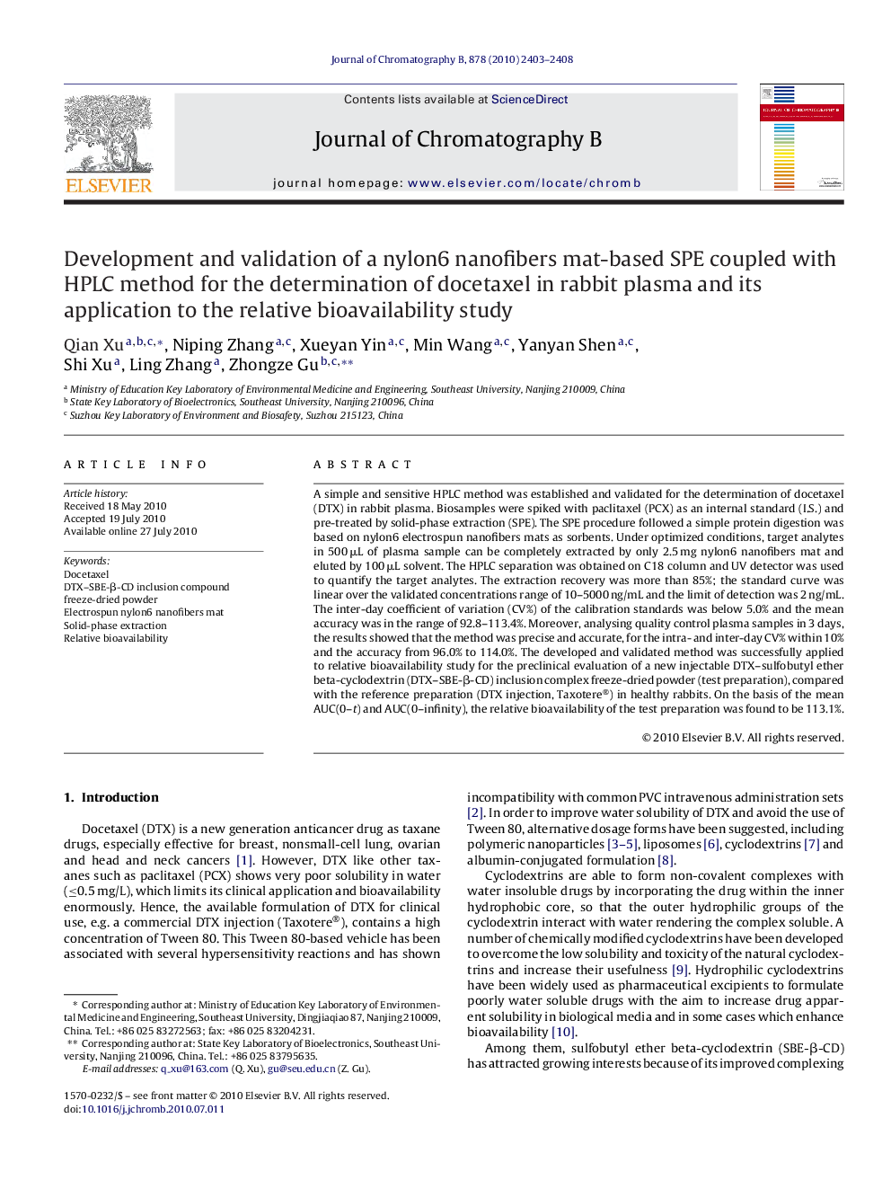 Development and validation of a nylon6 nanofibers mat-based SPE coupled with HPLC method for the determination of docetaxel in rabbit plasma and its application to the relative bioavailability study