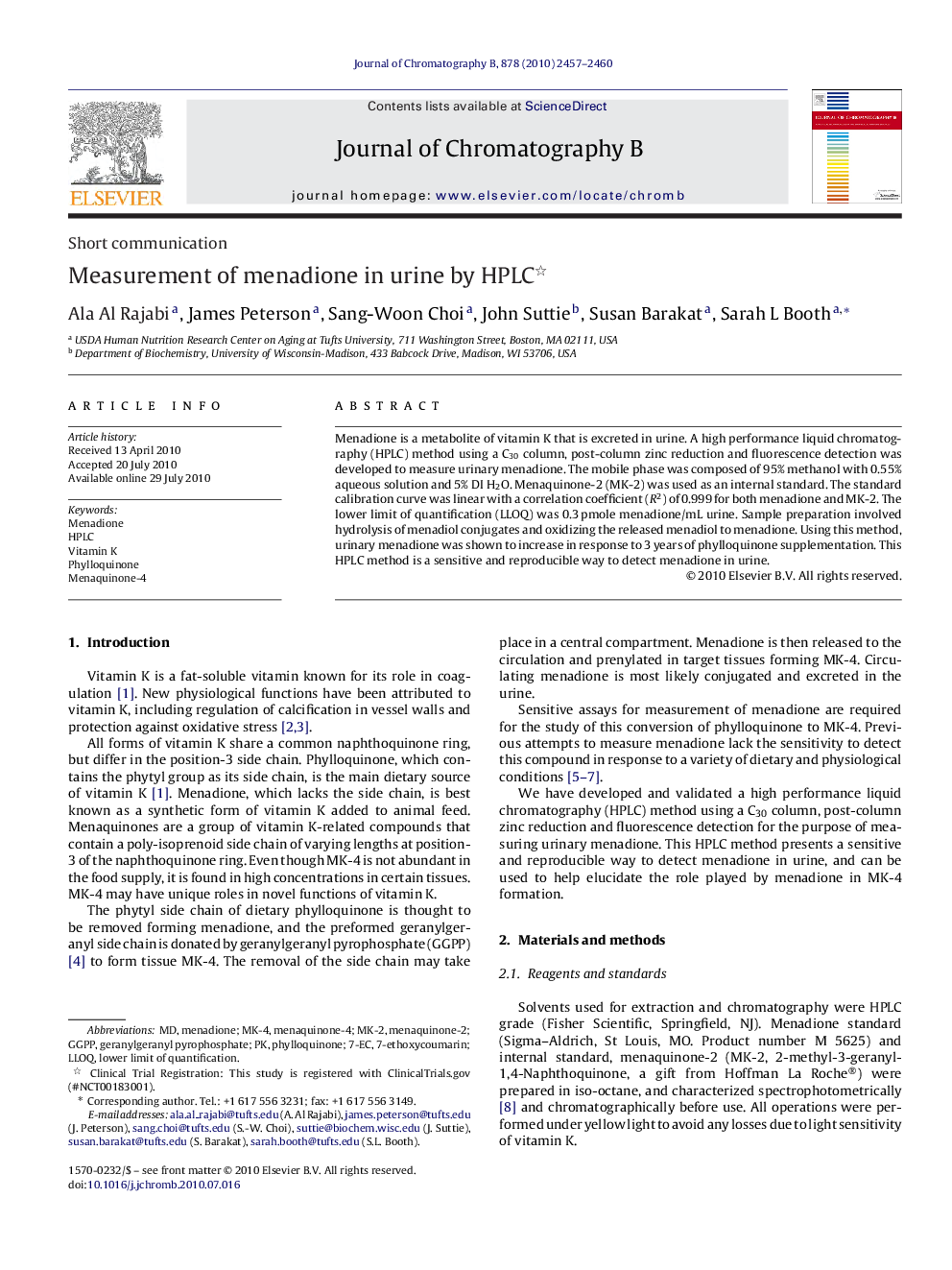 Measurement of menadione in urine by HPLC 