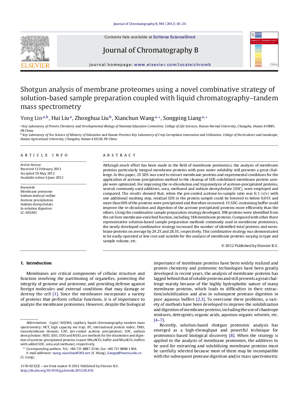 Shotgun analysis of membrane proteomes using a novel combinative strategy of solution-based sample preparation coupled with liquid chromatography–tandem mass spectrometry