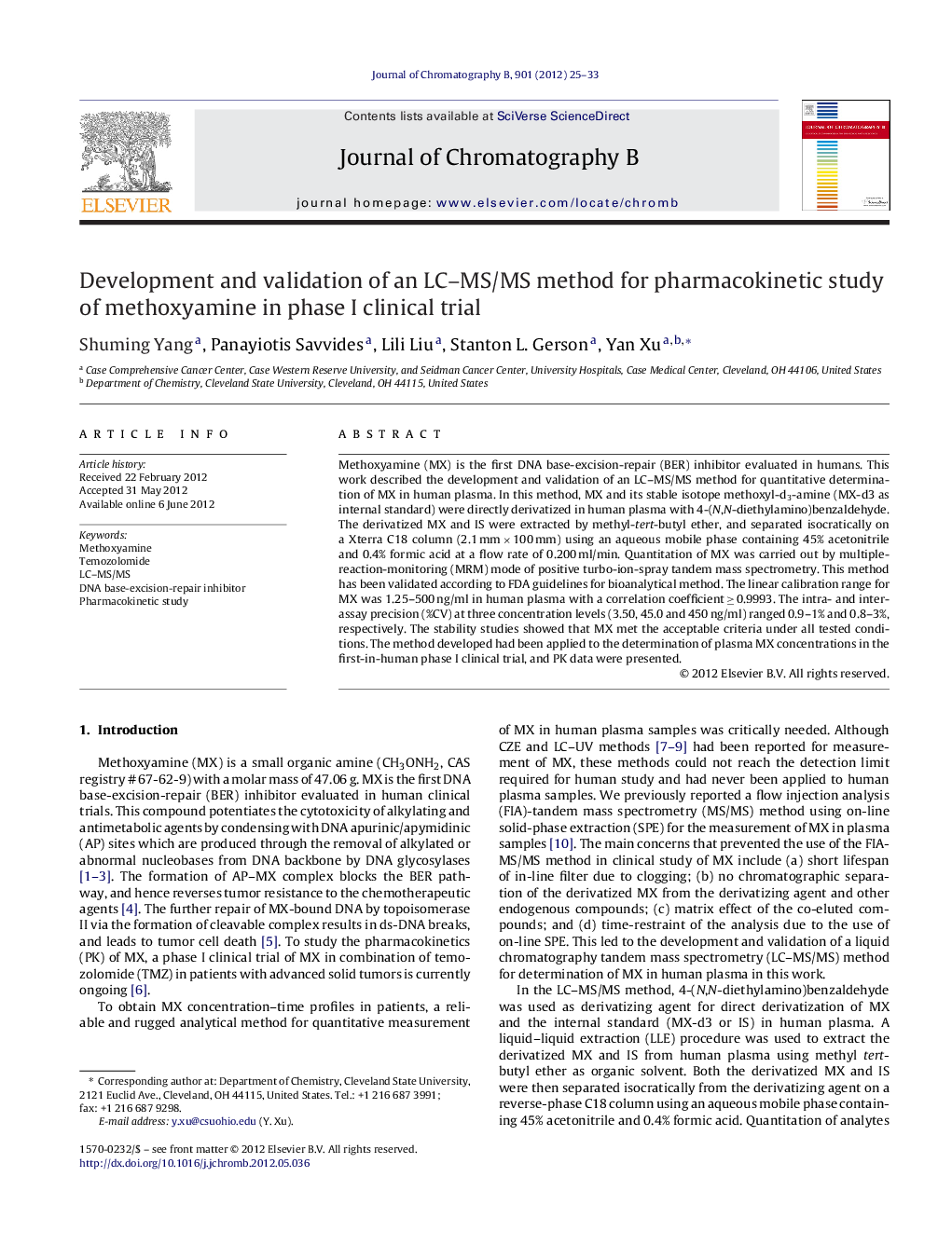 Development and validation of an LC–MS/MS method for pharmacokinetic study of methoxyamine in phase I clinical trial