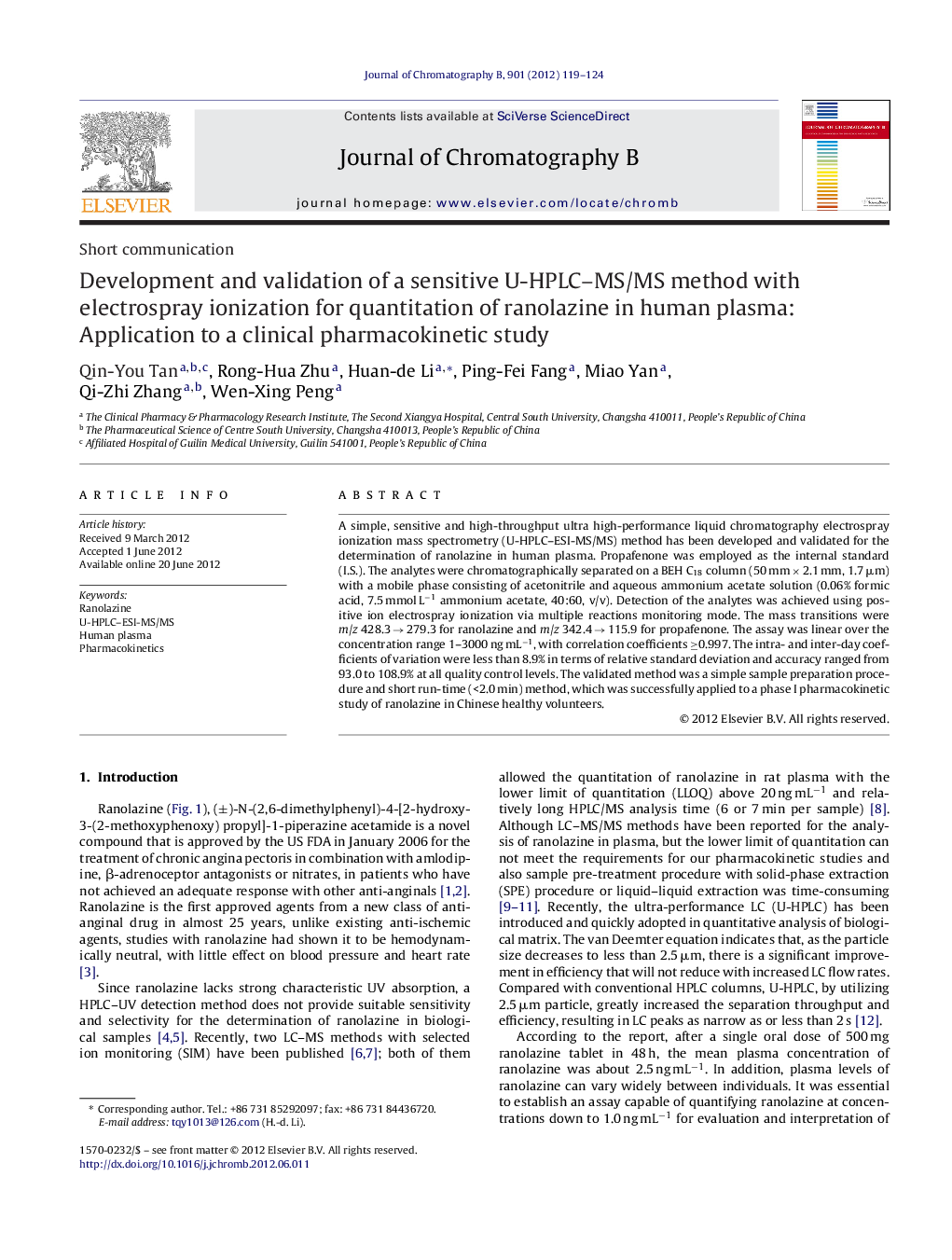 Development and validation of a sensitive U-HPLC–MS/MS method with electrospray ionization for quantitation of ranolazine in human plasma: Application to a clinical pharmacokinetic study