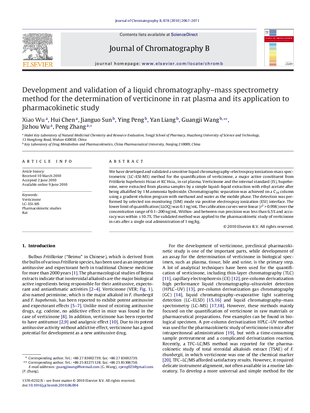 Development and validation of a liquid chromatography-mass spectrometry method for the determination of verticinone in rat plasma and its application to pharmacokinetic study