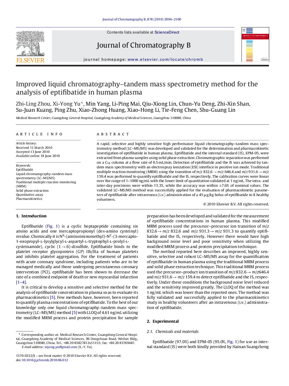 عکس صفحه اول مقاله: Improved liquid chromatography–tandem mass spectrometry method for the analysis of eptifibatide in human plasma Improved liquid chromatography–tandem mass spectrometry method for the analysis of eptifibatide in human plasma