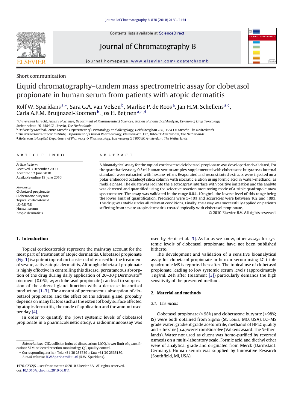 Liquid chromatography–tandem mass spectrometric assay for clobetasol propionate in human serum from patients with atopic dermatitis