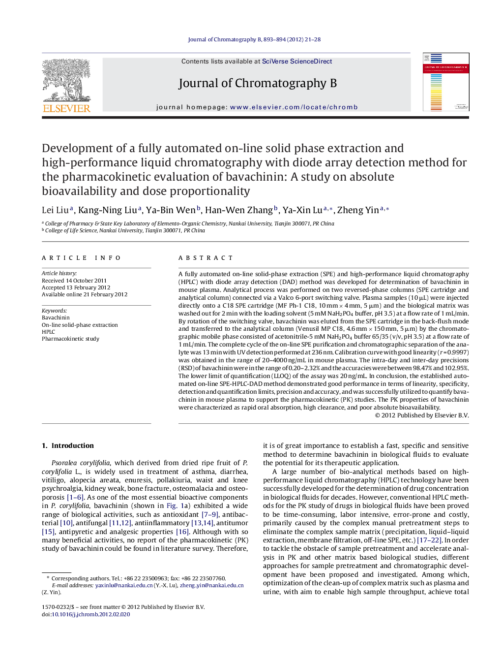 Development of a fully automated on-line solid phase extraction and high-performance liquid chromatography with diode array detection method for the pharmacokinetic evaluation of bavachinin: A study on absolute bioavailability and dose proportionality