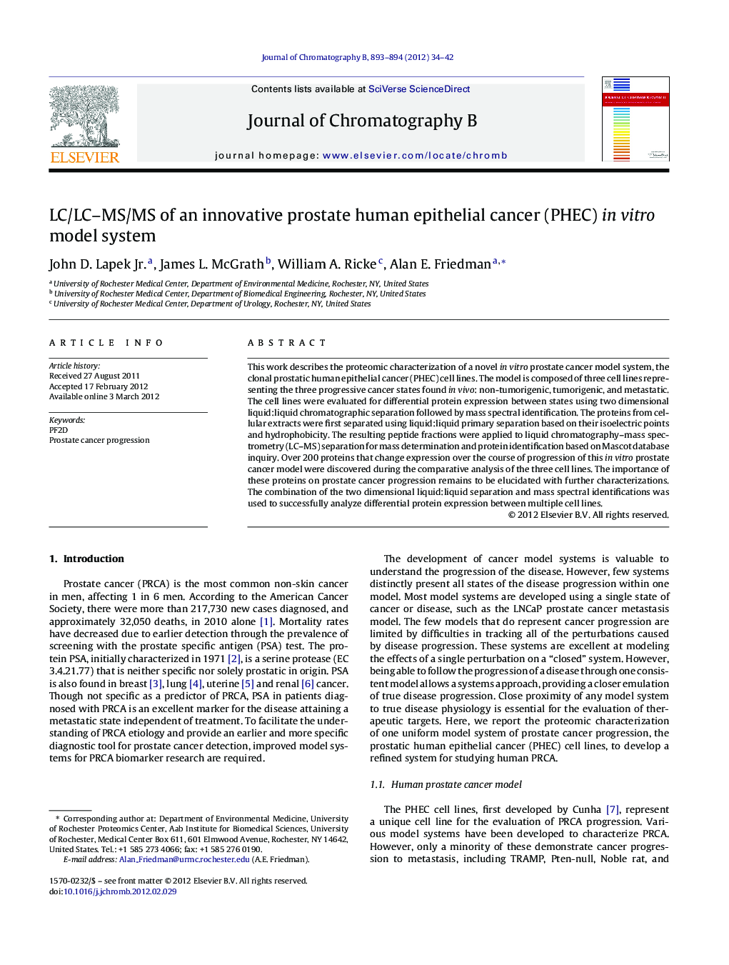 LC/LC–MS/MS of an innovative prostate human epithelial cancer (PHEC) in vitro model system