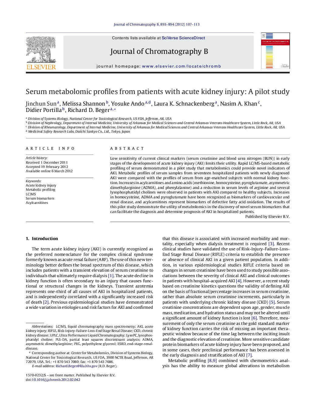 Serum metabolomic profiles from patients with acute kidney injury: A pilot study