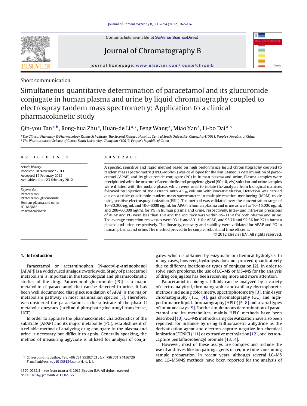 Simultaneous quantitative determination of paracetamol and its glucuronide conjugate in human plasma and urine by liquid chromatography coupled to electrospray tandem mass spectrometry: Application to a clinical pharmacokinetic study