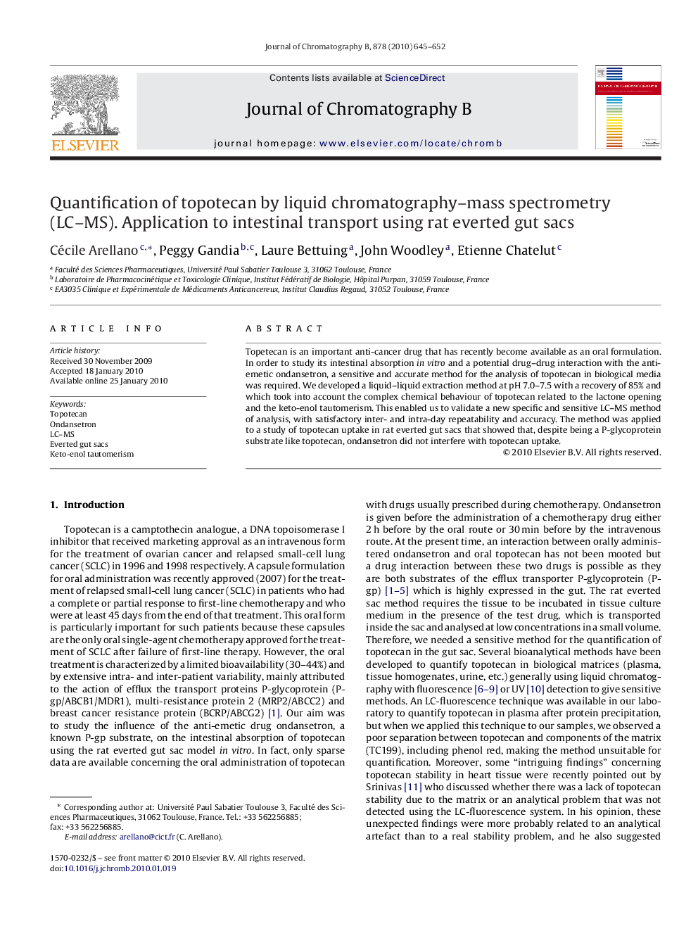 Quantification of topotecan by liquid chromatography–mass spectrometry (LC–MS). Application to intestinal transport using rat everted gut sacs