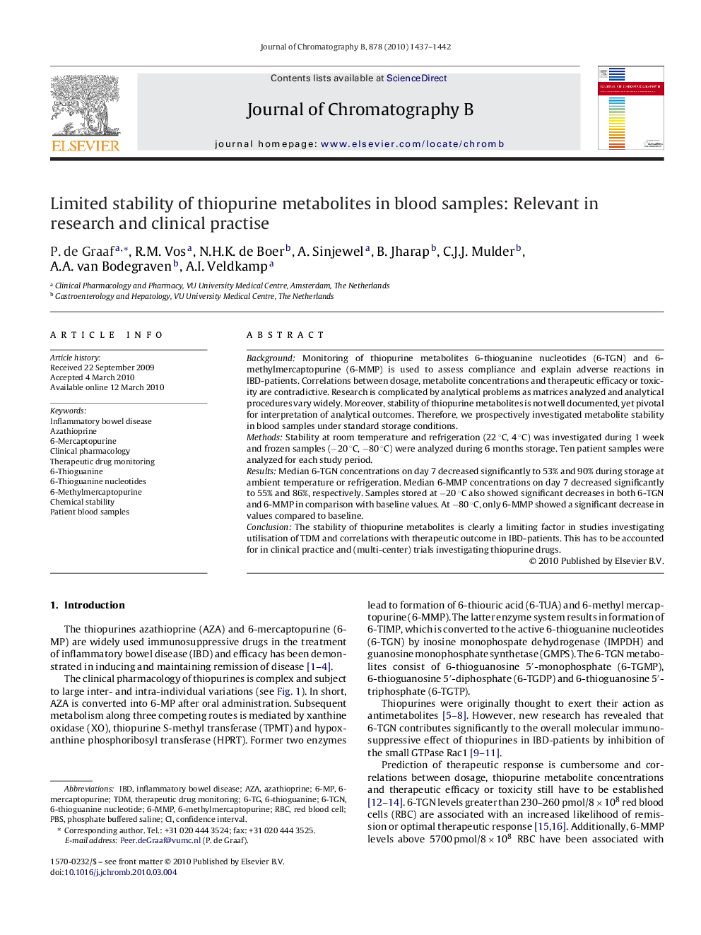 Limited stability of thiopurine metabolites in blood samples: Relevant in research and clinical practise