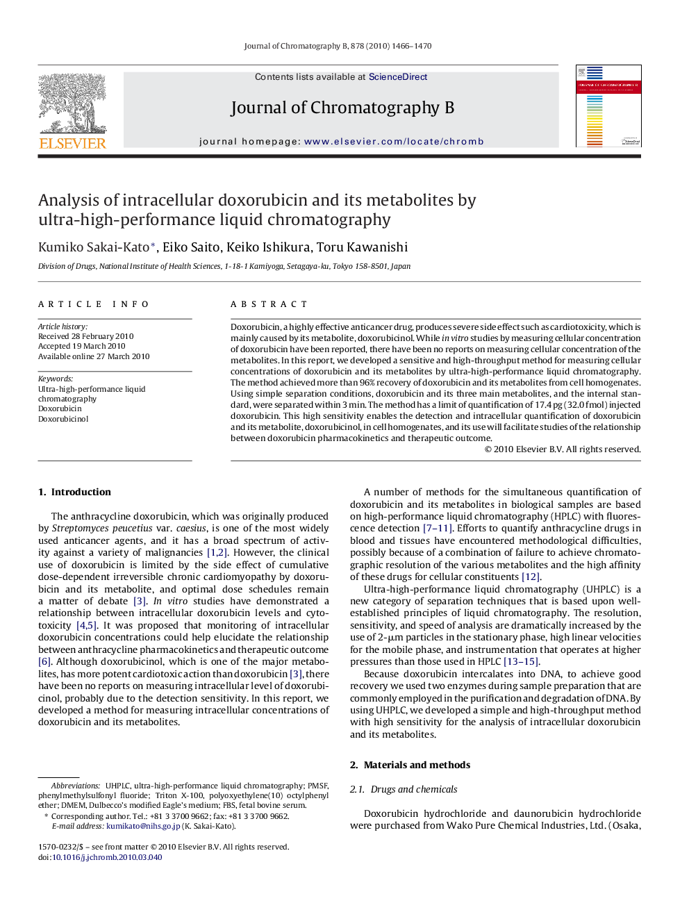 Analysis of intracellular doxorubicin and its metabolites by ultra-high-performance liquid chromatography