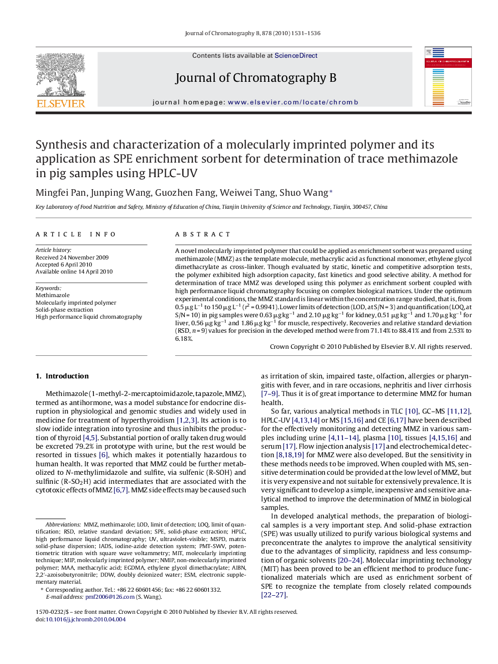 Synthesis and characterization of a molecularly imprinted polymer and its application as SPE enrichment sorbent for determination of trace methimazole in pig samples using HPLC-UV