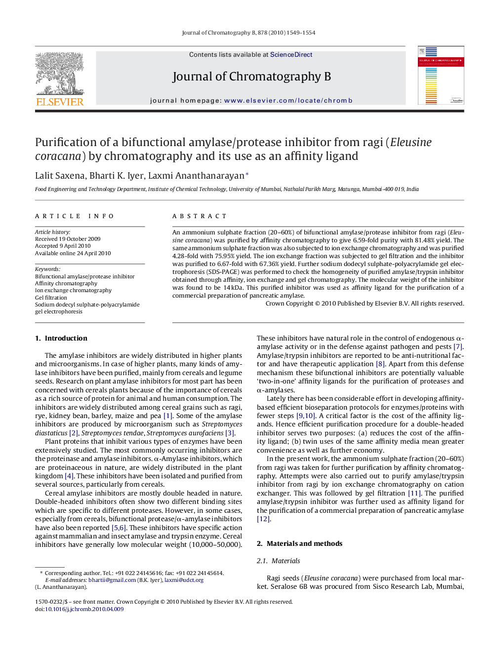 Purification of a bifunctional amylase/protease inhibitor from ragi (Eleusine coracana) by chromatography and its use as an affinity ligand