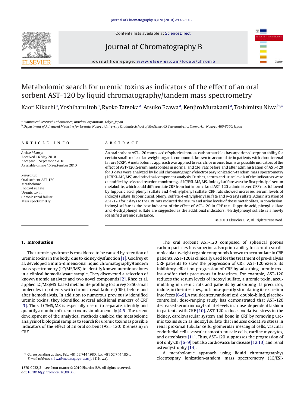 Metabolomic search for uremic toxins as indicators of the effect of an oral sorbent AST-120 by liquid chromatography/tandem mass spectrometry