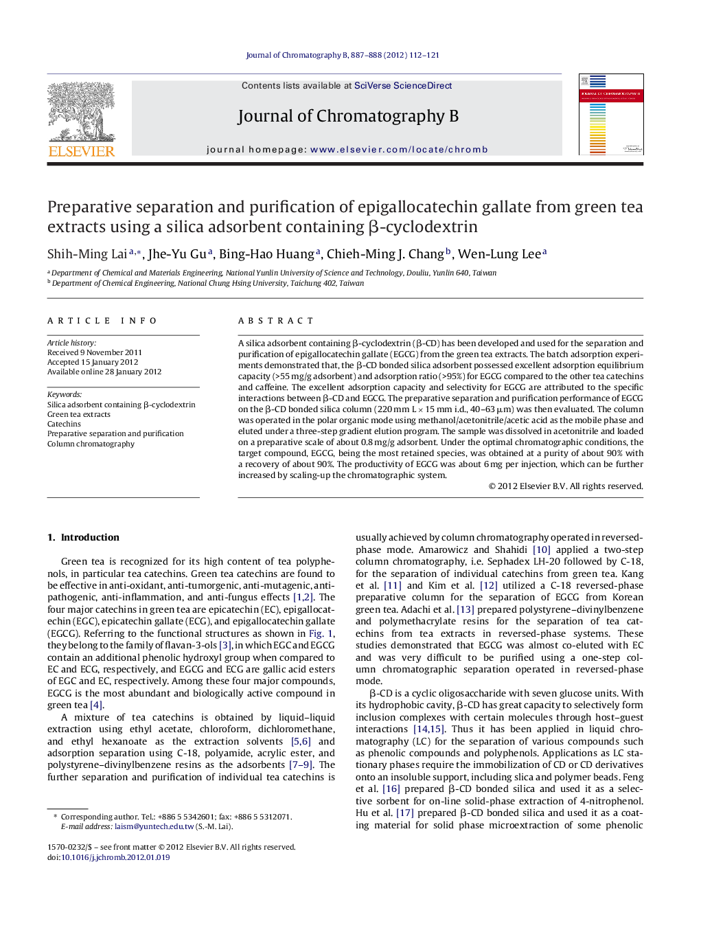 Preparative separation and purification of epigallocatechin gallate from green tea extracts using a silica adsorbent containing β-cyclodextrin