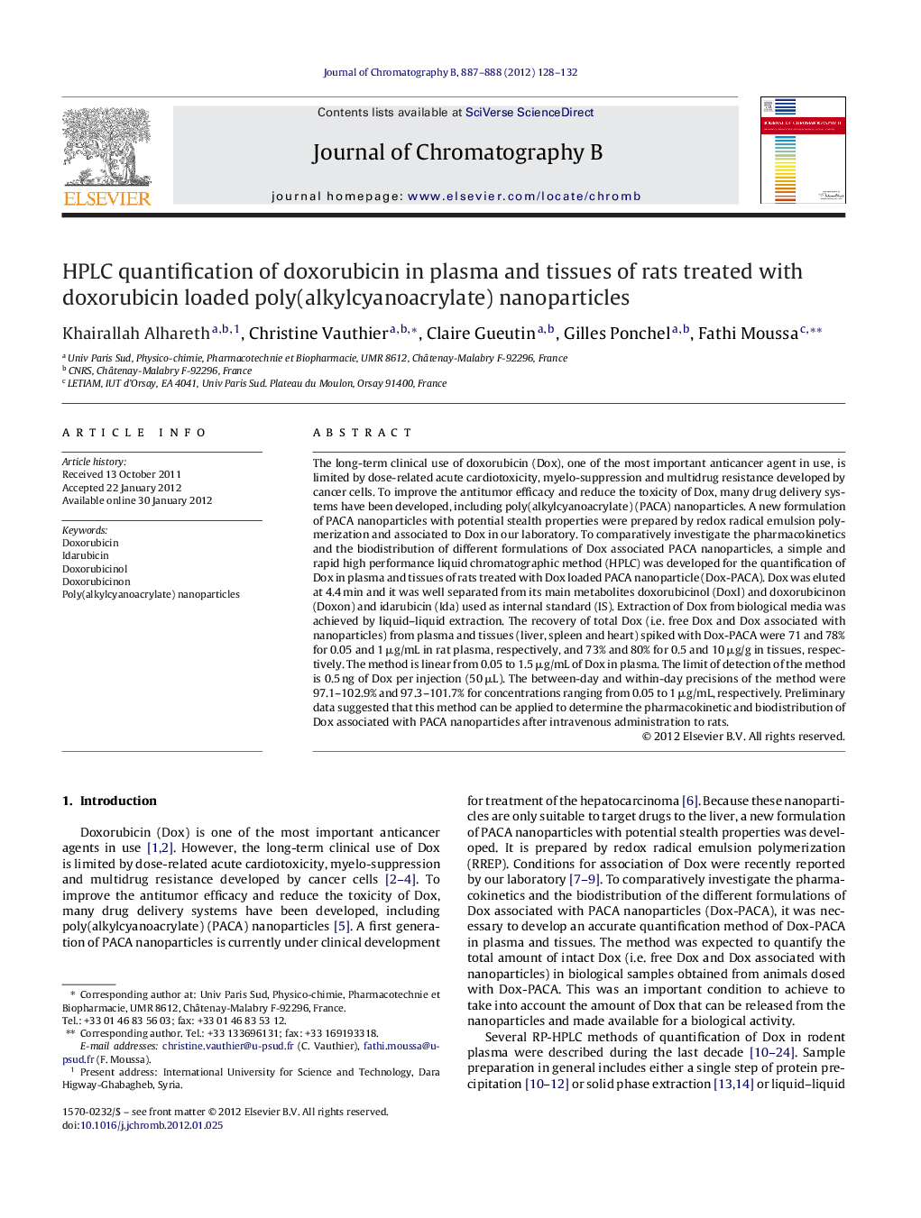 HPLC quantification of doxorubicin in plasma and tissues of rats treated with doxorubicin loaded poly(alkylcyanoacrylate) nanoparticles