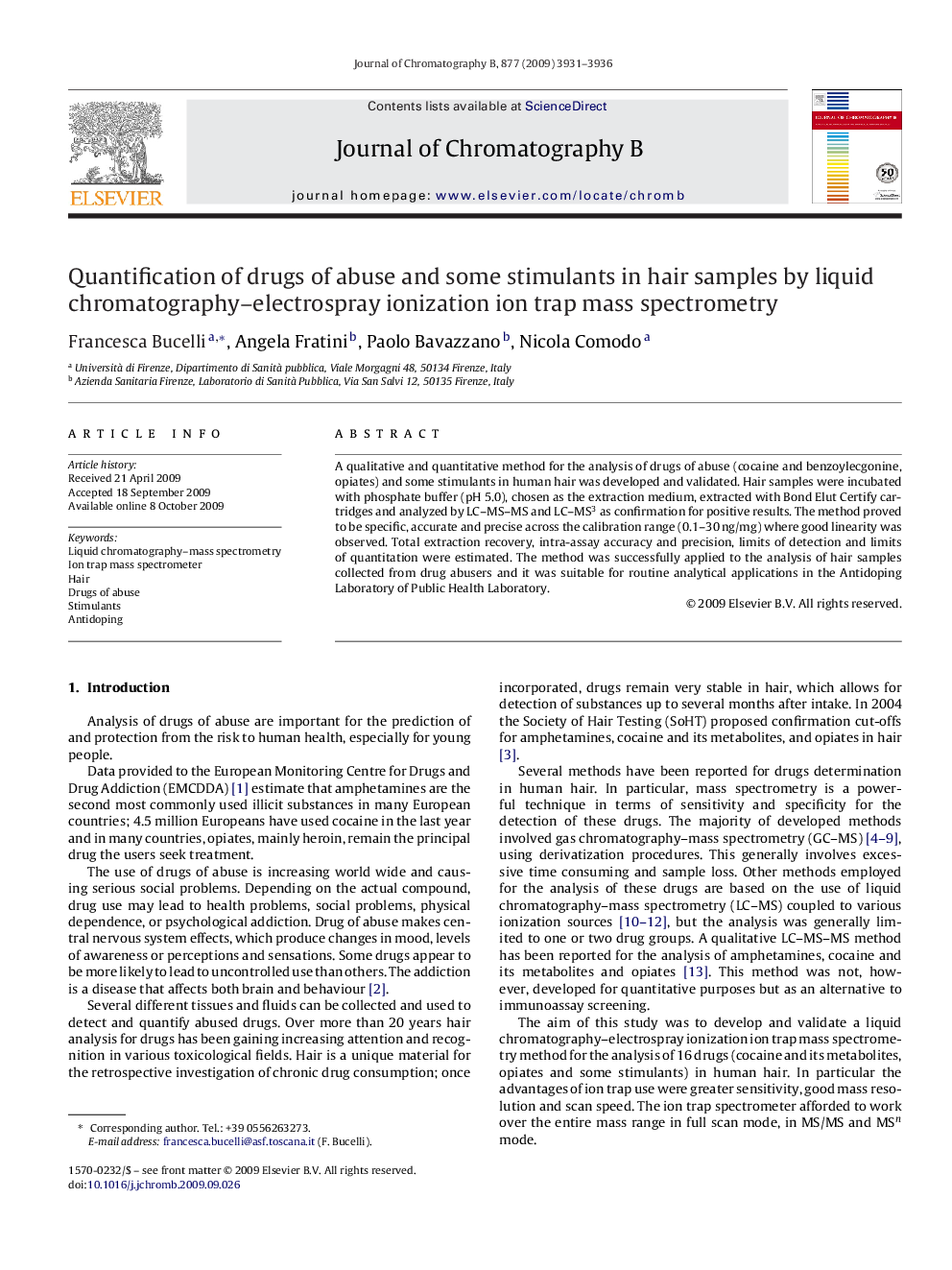 Quantification of drugs of abuse and some stimulants in hair samples by liquid chromatography–electrospray ionization ion trap mass spectrometry