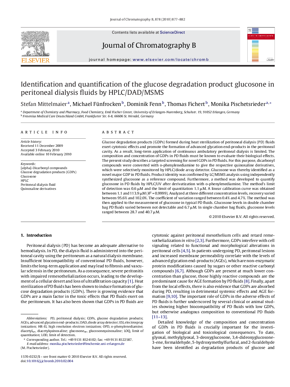 Identification and quantification of the glucose degradation product glucosone in peritoneal dialysis fluids by HPLC/DAD/MSMS