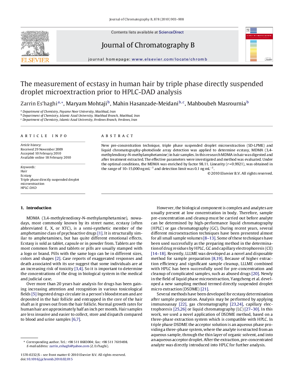 The measurement of ecstasy in human hair by triple phase directly suspended droplet microextraction prior to HPLC-DAD analysis