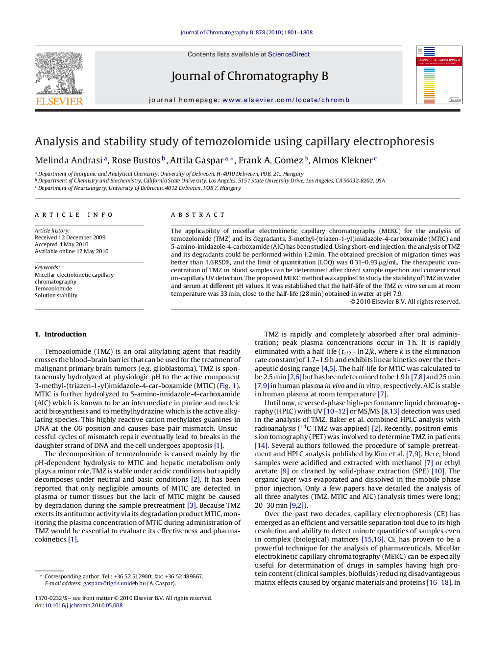 Analysis and stability study of temozolomide using capillary electrophoresis