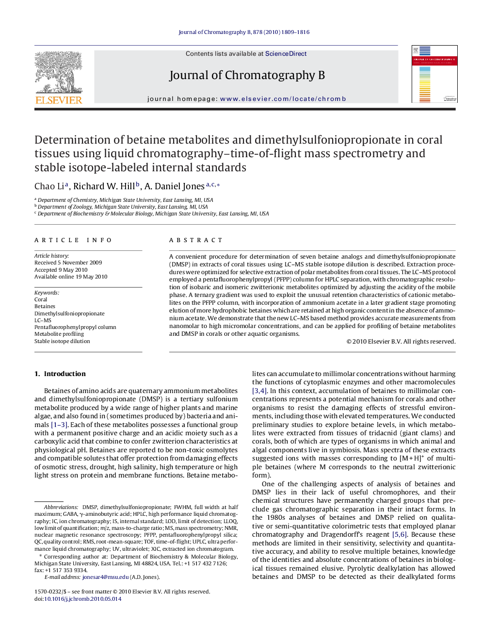 Determination of betaine metabolites and dimethylsulfoniopropionate in coral tissues using liquid chromatography–time-of-flight mass spectrometry and stable isotope-labeled internal standards