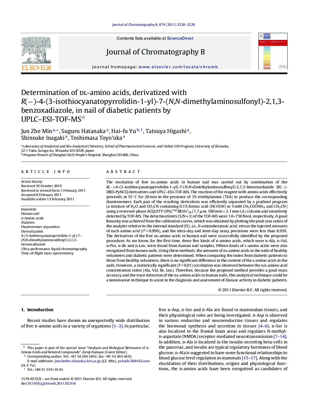 Determination of dl-amino acids, derivatized with R(−)-4-(3-isothiocyanatopyrrolidin-1-yl)-7-(N,N-dimethylaminosulfonyl)-2,1,3-benzoxadiazole, in nail of diabetic patients by UPLC–ESI-TOF-MS 