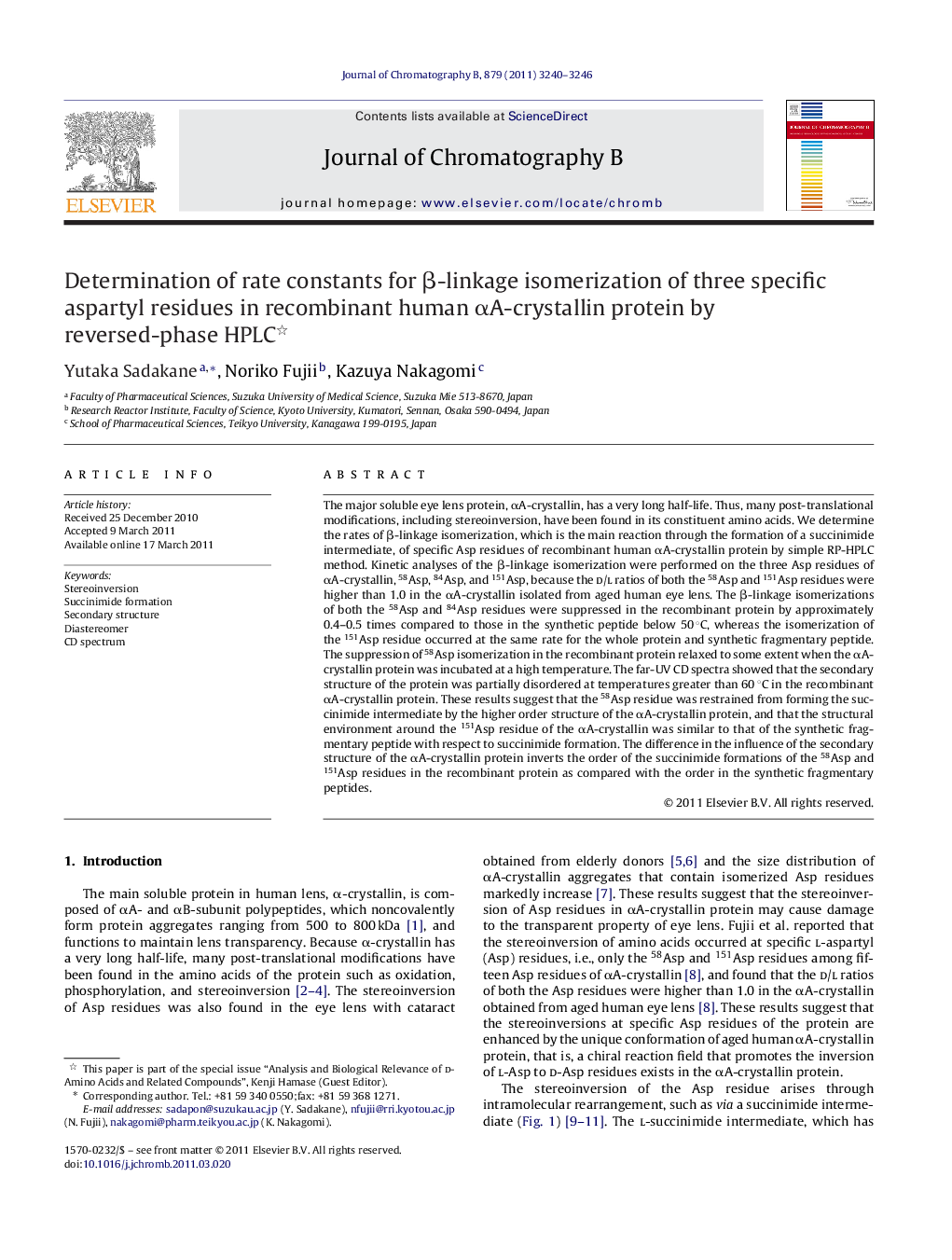 Determination of rate constants for β-linkage isomerization of three specific aspartyl residues in recombinant human αA-crystallin protein by reversed-phase HPLC 