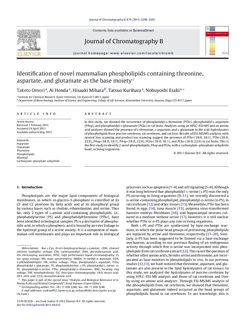 Identification of novel mammalian phospholipids containing threonine, aspartate, and glutamate as the base moiety