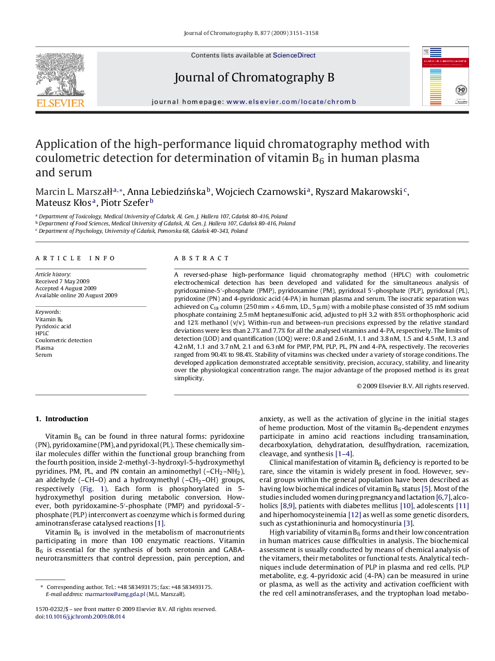 Application of the high-performance liquid chromatography method with coulometric detection for determination of vitamin B6 in human plasma and serum