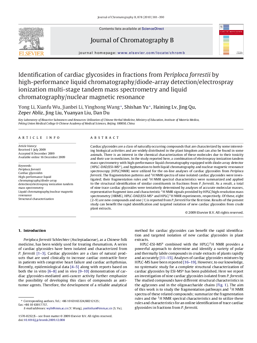 Identification of cardiac glycosides in fractions from Periploca forrestii by high-performance liquid chromatography/diode-array detection/electrospray ionization multi-stage tandem mass spectrometry and liquid chromatography/nuclear magnetic resonance