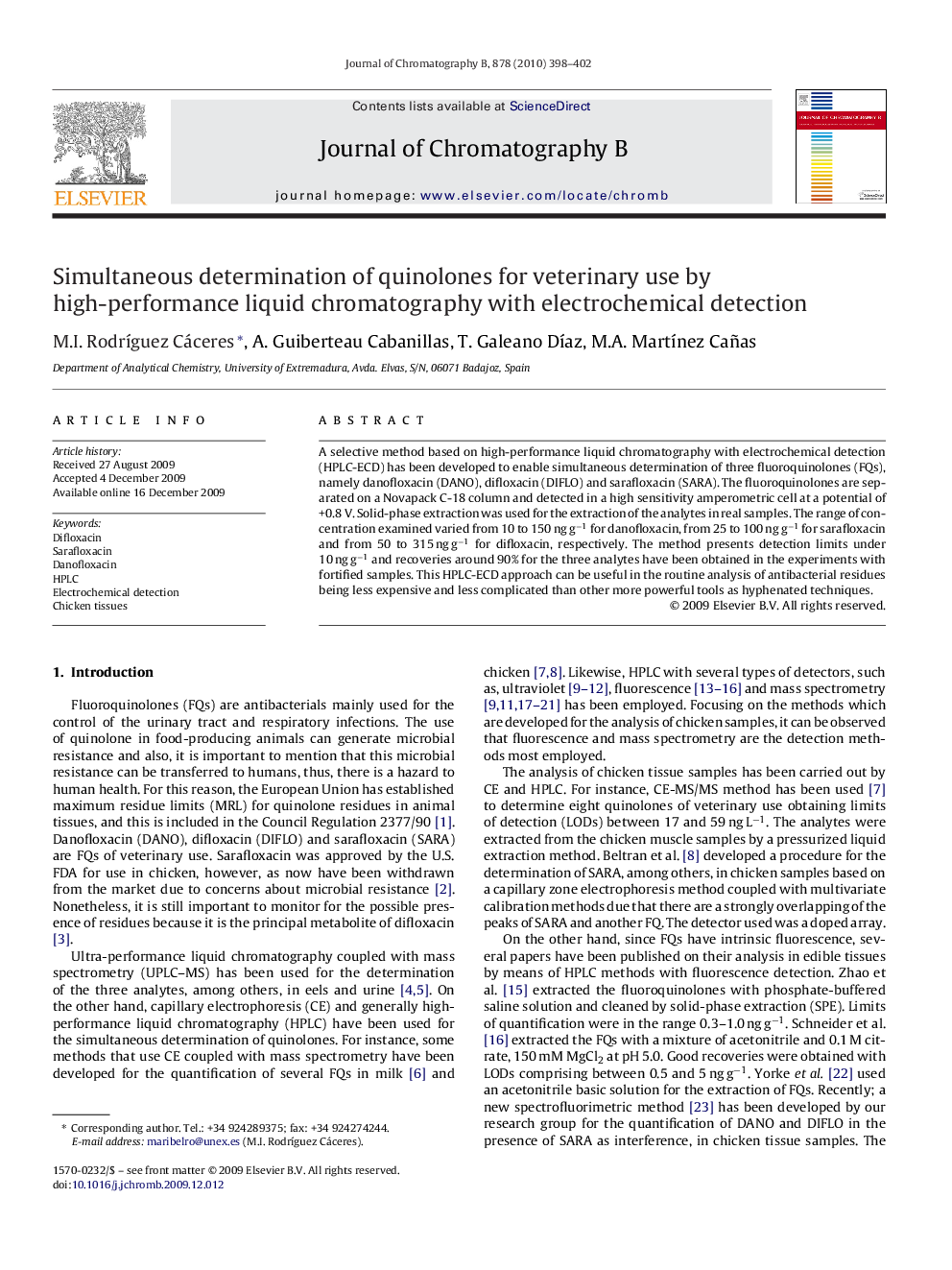 عکس صفحه اول مقاله: Simultaneous determination of quinolones for veterinary use by high-performance liquid chromatography with electrochemical detection Simultaneous determination of quinolones for veterinary use by high-performance liquid chromatography with electrochemical detection