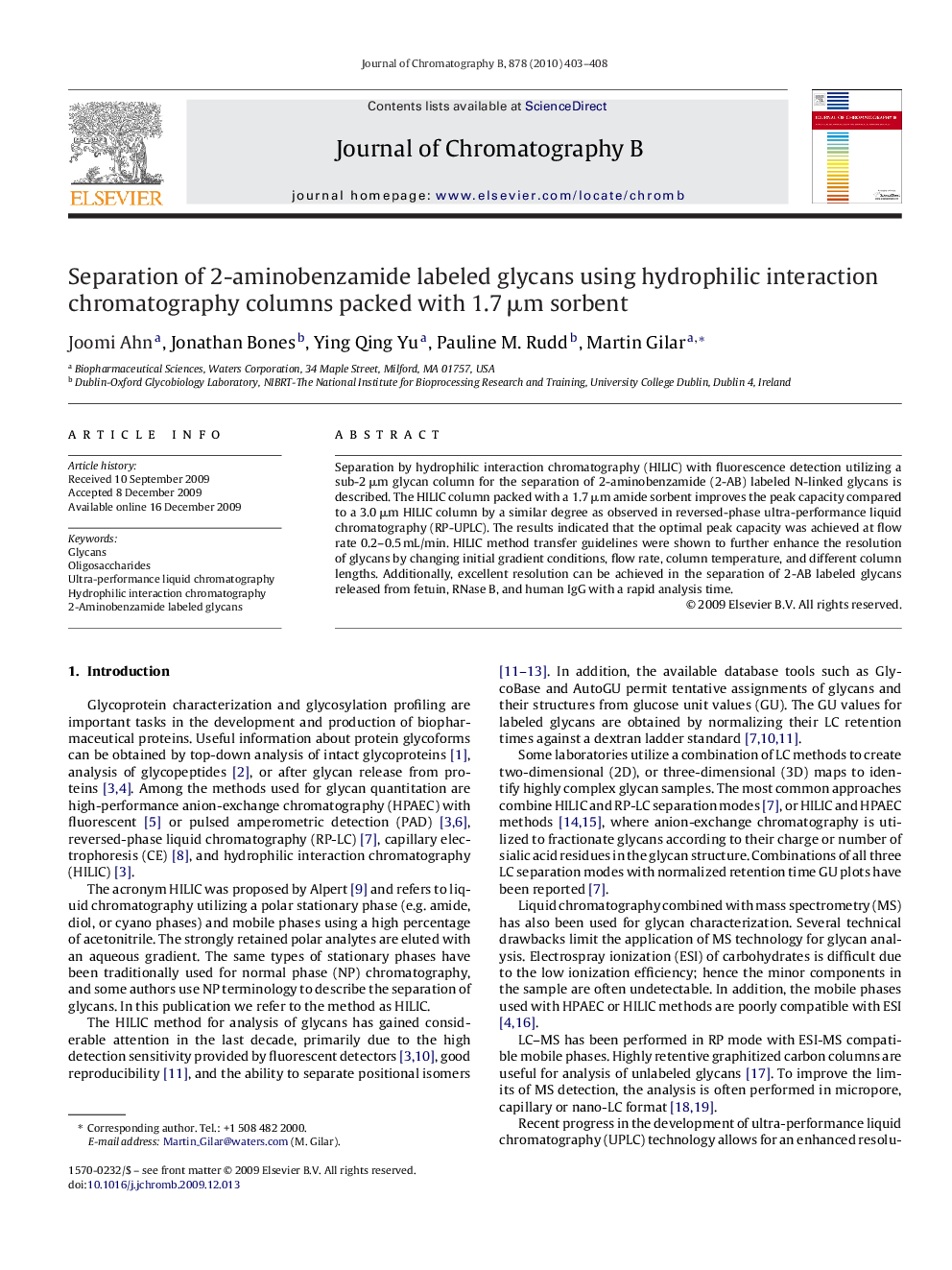 Separation of 2-aminobenzamide labeled glycans using hydrophilic interaction chromatography columns packed with 1.7 μm sorbent