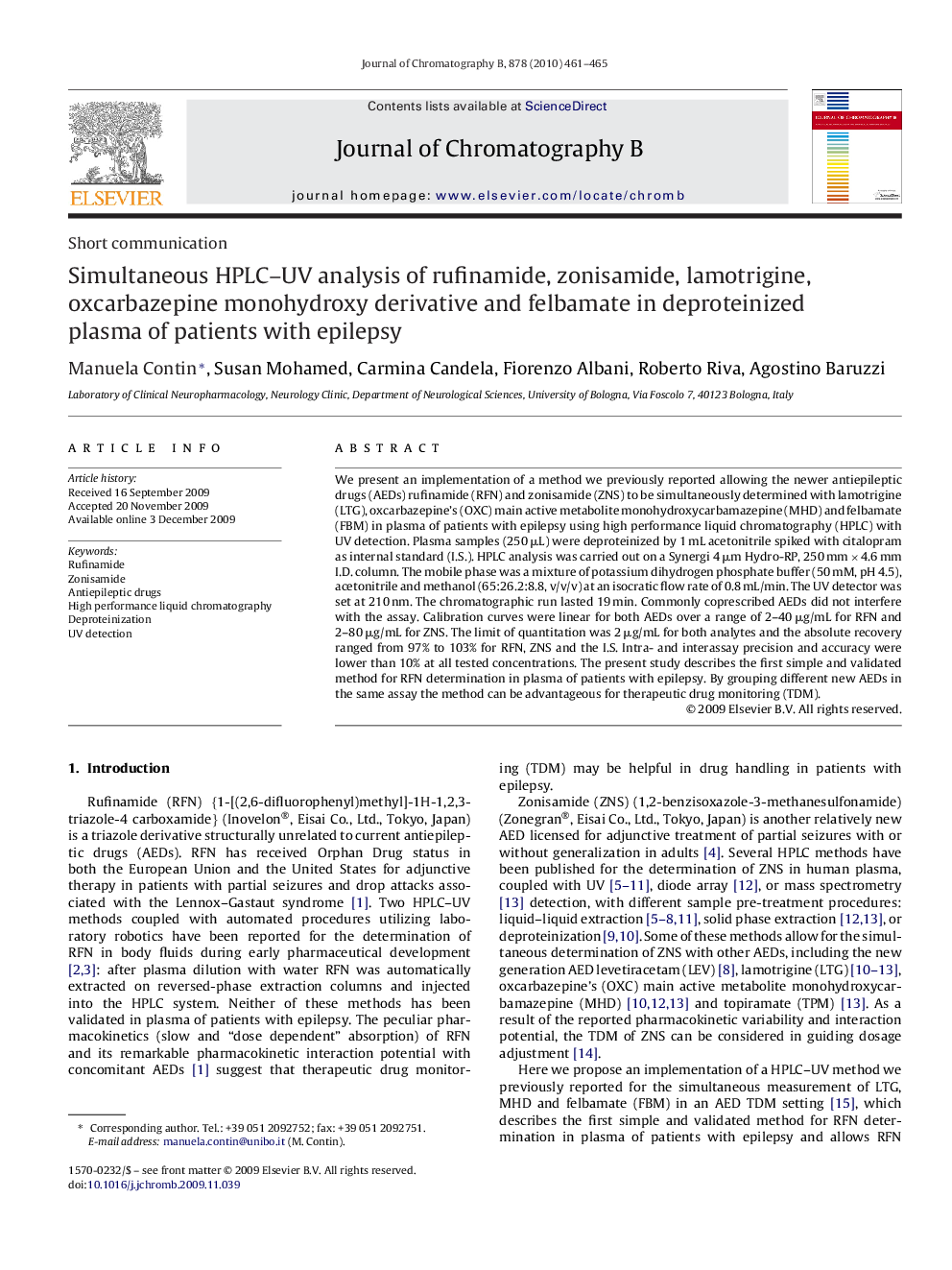 Simultaneous HPLC–UV analysis of rufinamide, zonisamide, lamotrigine, oxcarbazepine monohydroxy derivative and felbamate in deproteinized plasma of patients with epilepsy