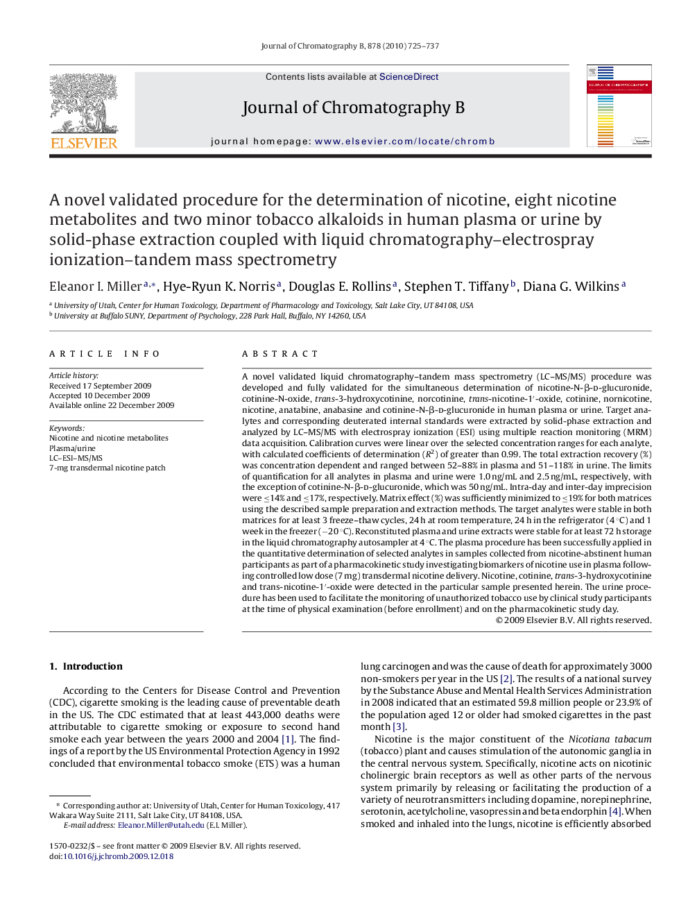A novel validated procedure for the determination of nicotine, eight nicotine metabolites and two minor tobacco alkaloids in human plasma or urine by solid-phase extraction coupled with liquid chromatography–electrospray ionization–tandem mass spectrometr