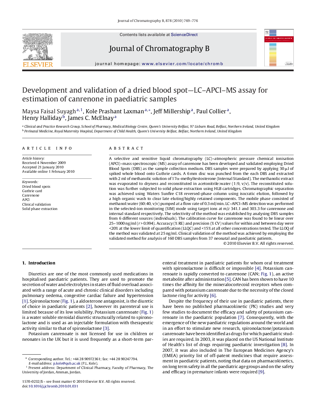 Development and validation of a dried blood spot—LC–APCI–MS assay for estimation of canrenone in paediatric samples