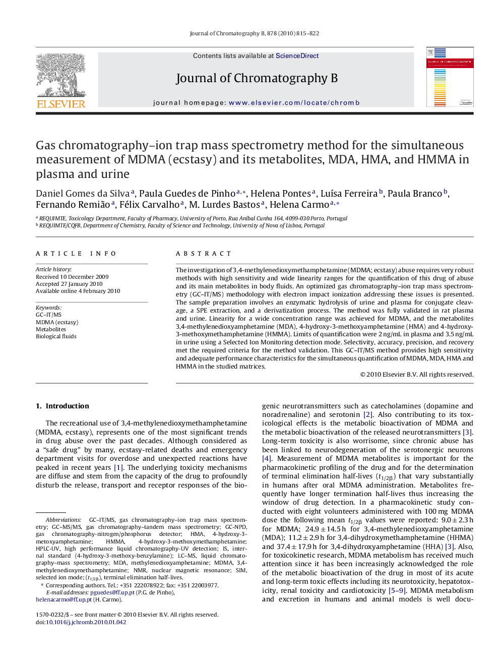 Gas chromatography–ion trap mass spectrometry method for the simultaneous measurement of MDMA (ecstasy) and its metabolites, MDA, HMA, and HMMA in plasma and urine