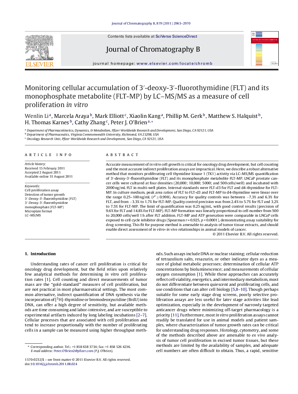 Monitoring cellular accumulation of 3′-deoxy-3′-fluorothymidine (FLT) and its monophosphate metabolite (FLT-MP) by LC–MS/MS as a measure of cell proliferation in vitro