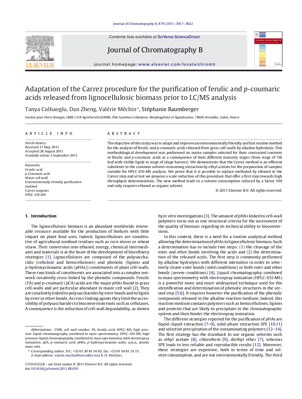 Adaptation of the Carrez procedure for the purification of ferulic and p-coumaric acids released from lignocellulosic biomass prior to LC/MS analysis