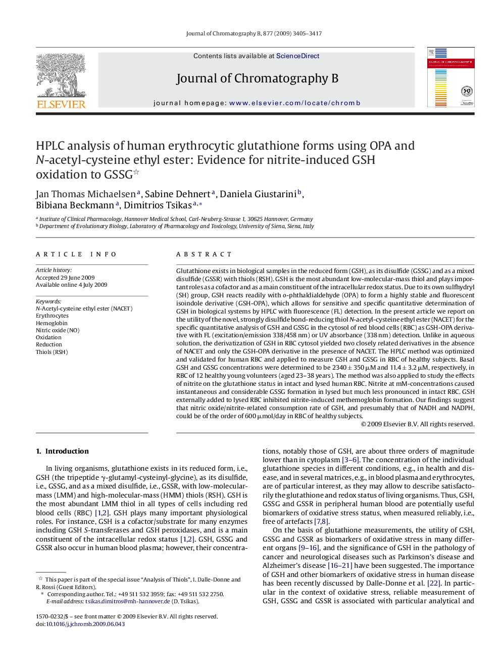 HPLC analysis of human erythrocytic glutathione forms using OPA and N-acetyl-cysteine ethyl ester: Evidence for nitrite-induced GSH oxidation to GSSG 