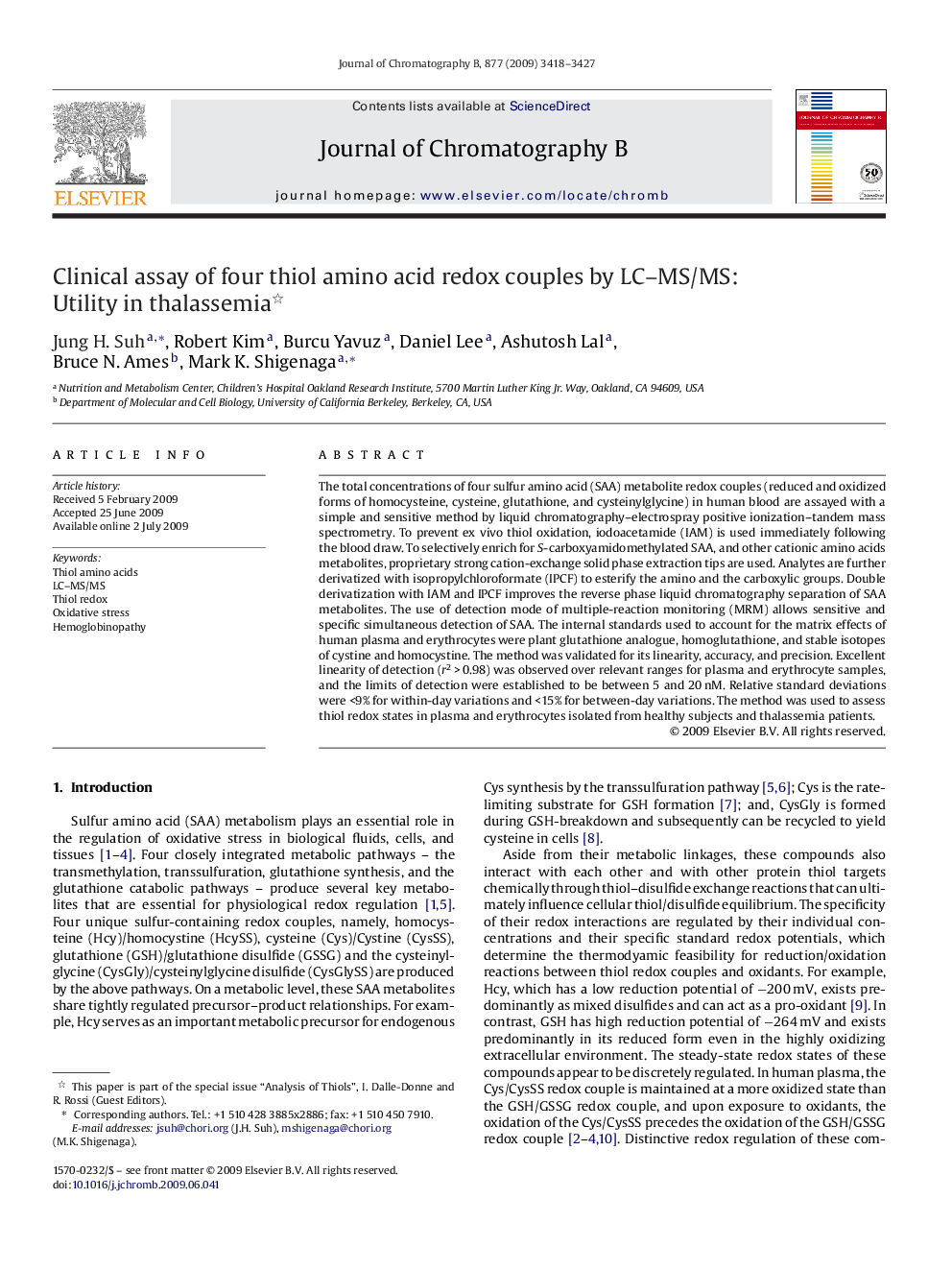 Clinical assay of four thiol amino acid redox couples by LC–MS/MS: Utility in thalassemia 