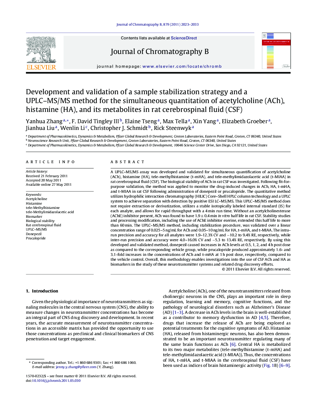 Development and validation of a sample stabilization strategy and a UPLC–MS/MS method for the simultaneous quantitation of acetylcholine (ACh), histamine (HA), and its metabolites in rat cerebrospinal fluid (CSF)